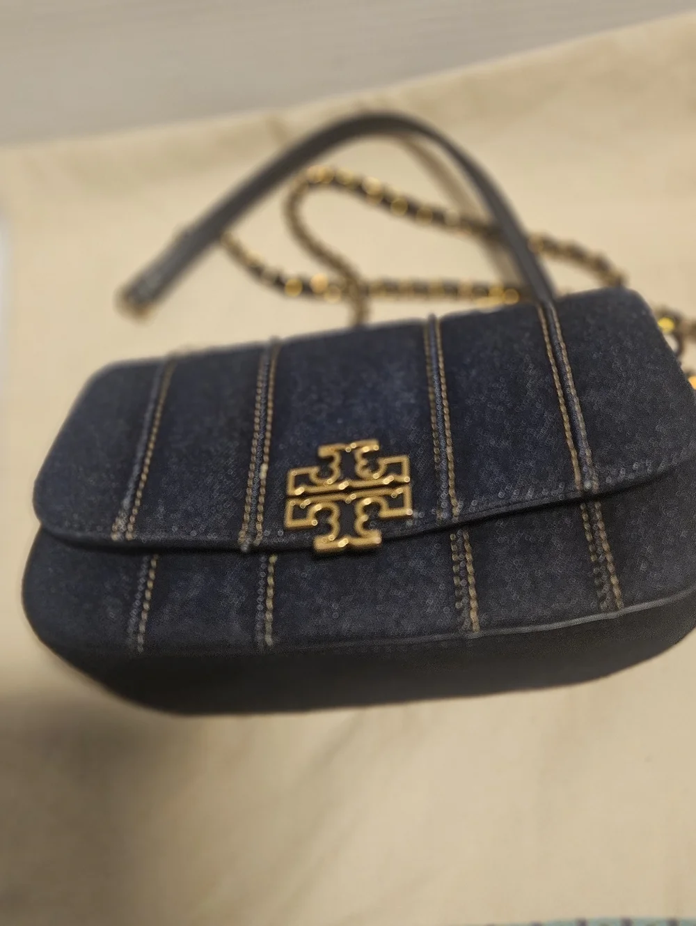 Tory Burch Britten Blue Denim Crossbody & Clutch Bag with Gold Hardware Elegant